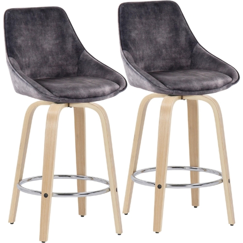 Diana 26" Counter Stool in Grey Velvet Fabric. Wood & Chrome Footrest (Set of 2)